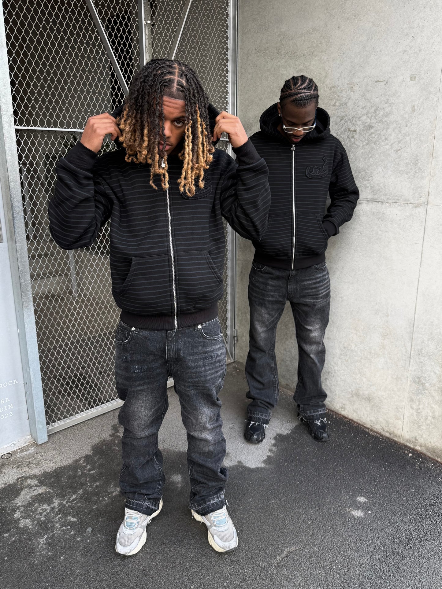 Zip Hoodie Stripe Frayed - Black