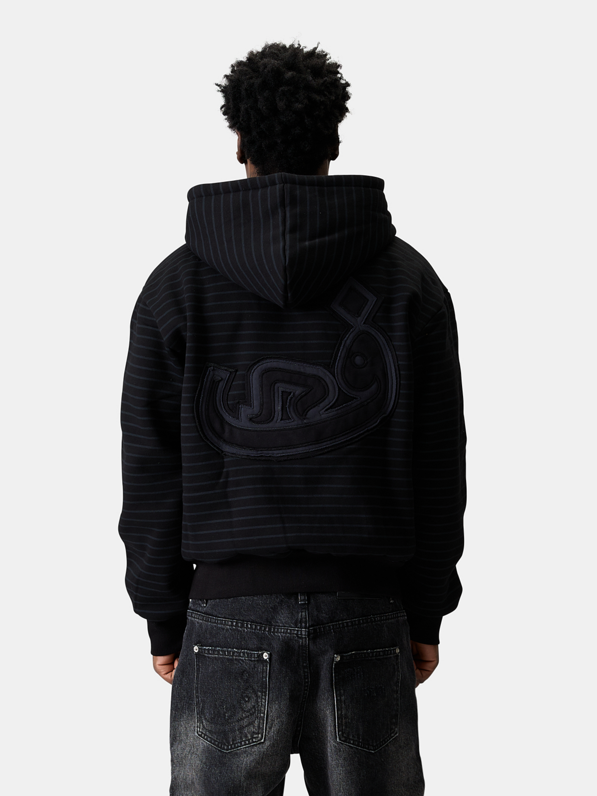 Zip Hoodie Stripe Frayed - Black